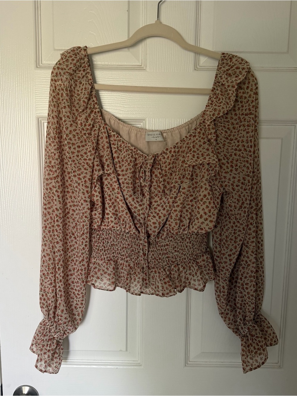Dress Forum Beige Blouse with Rust Floral Print and Ruffle Details